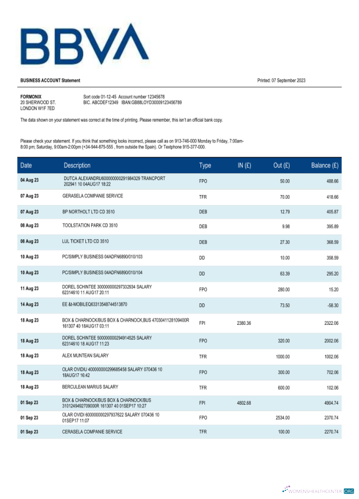 Download BBVA Bank organization statement Word and PDF template Photoshop template